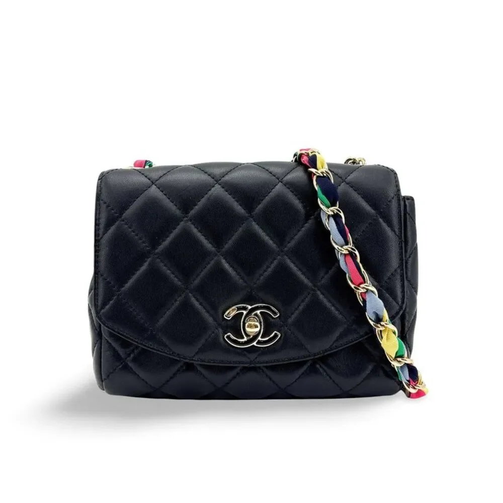 Chanel Mini Flap Bag Black Lambskin Gold Hardware Multicolor Ribbon Chain